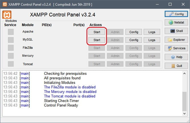 Iniciar servicios en el panel de control de XAMPP