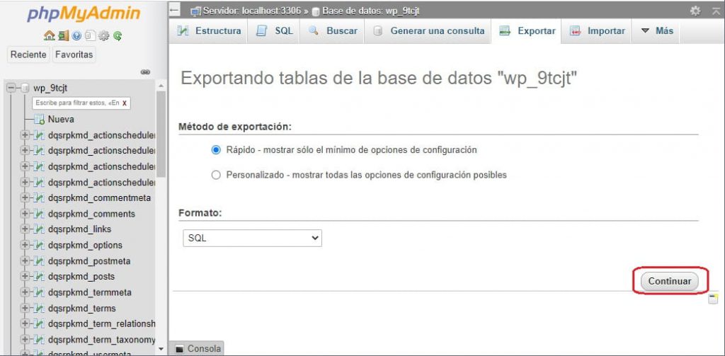 Exportar base de datos con phpMyAdmin