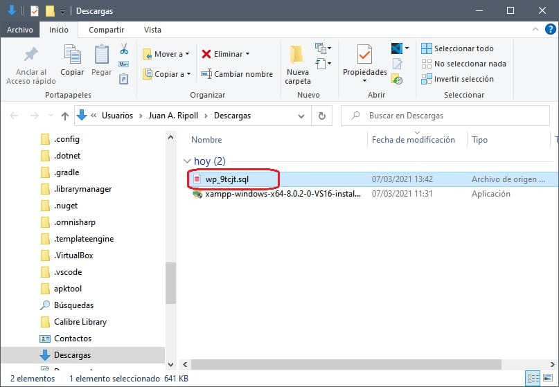 Archivo de exportación .sql de WordPress