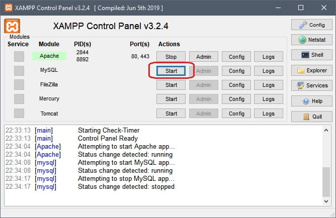 Iniciar MySQL desde el panel de control de XAMPP