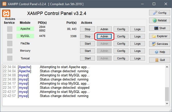 Abrir phpMyadmin desde el panel de control de XAMPP