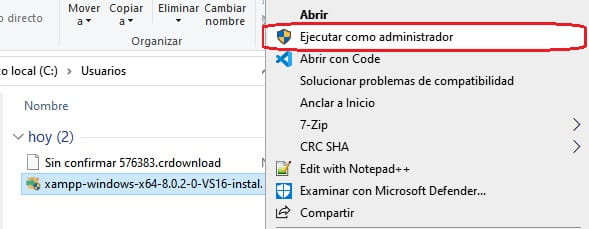 Ejecutar instalador XAMPP como administrador en Windows