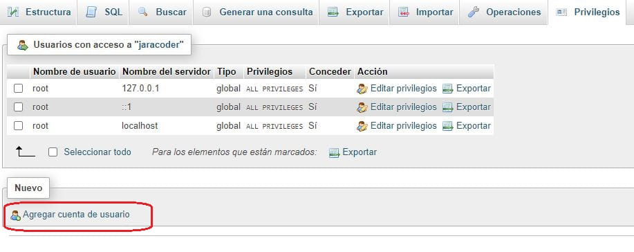Agregar cuenta de usuario en base de datos phpMyAdmin