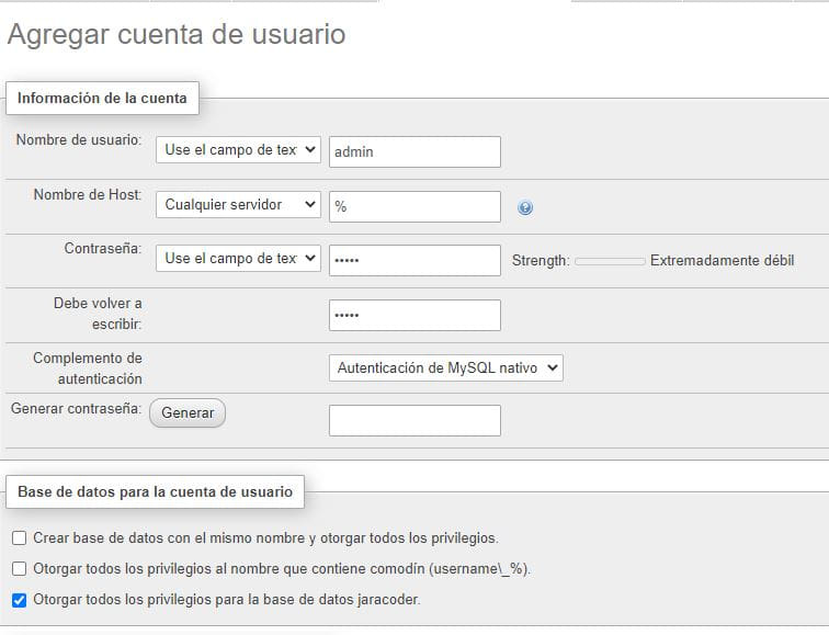Información básica de cuenta de usuario en base de datos phpMyAdmin