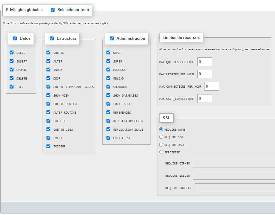 Configurar privilegios de usuario en base de datos phpMyAdmin