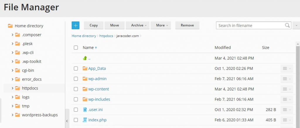Explorador de archivos de Plesk en servidor remoto