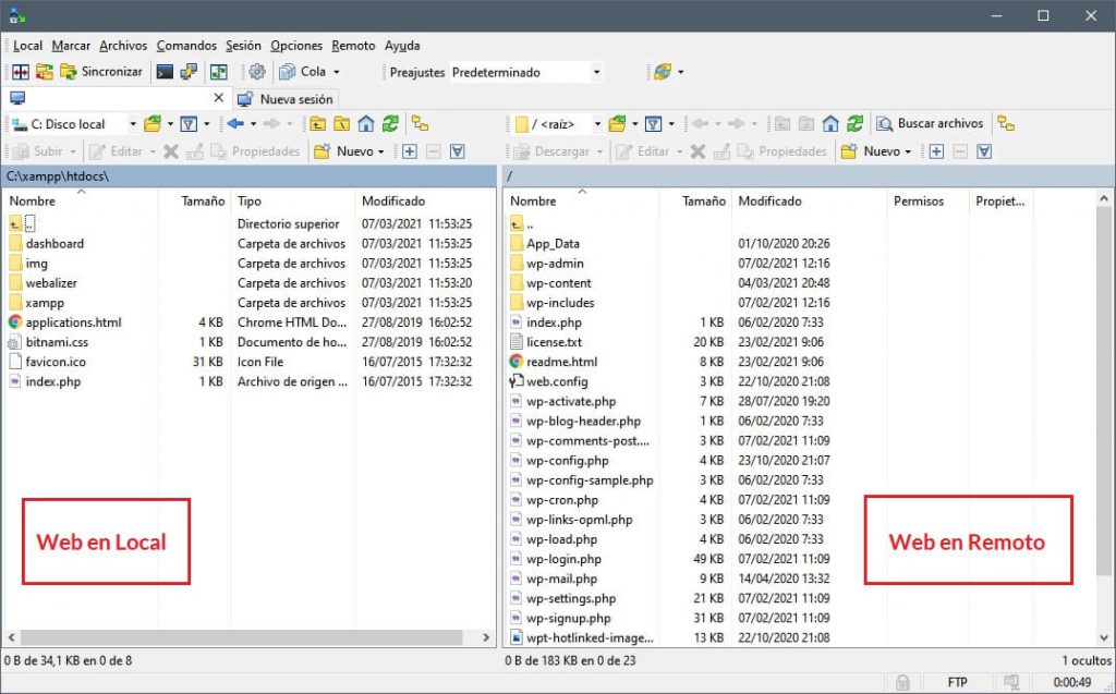 Conexión FTP con cliente WinSCP a servidor remoto
