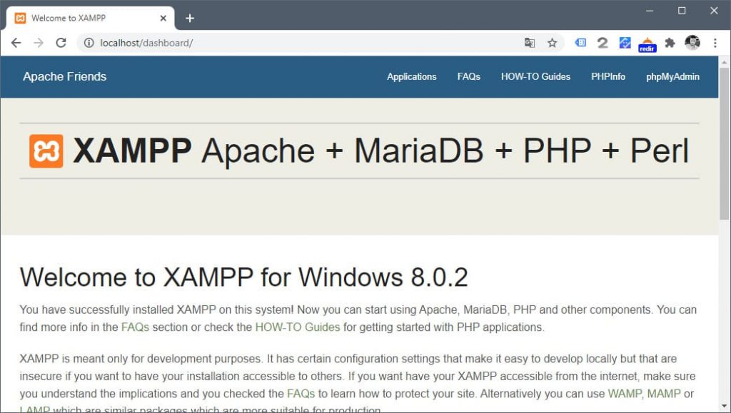 Página principal del servidor Apache de XAMPP