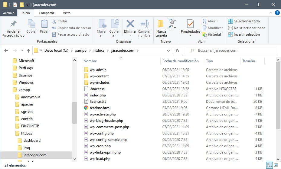 Directorio de página web en htdocs local