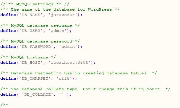 Fichero de configuración wp-config.php con conexión a base de datos