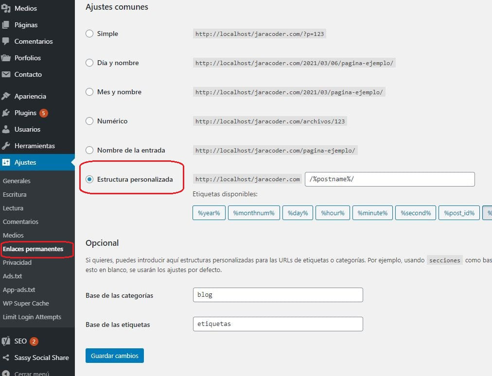 Configurar estructura personalizada de enlaces permanentes en WordPress