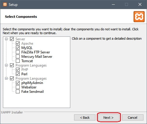Componentes del asistente de instalación de XAMPP