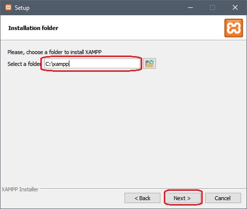 Ruta de instalación del asistente de XAMPP