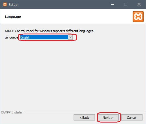 Idioma de instalación del asistente de XAMPP