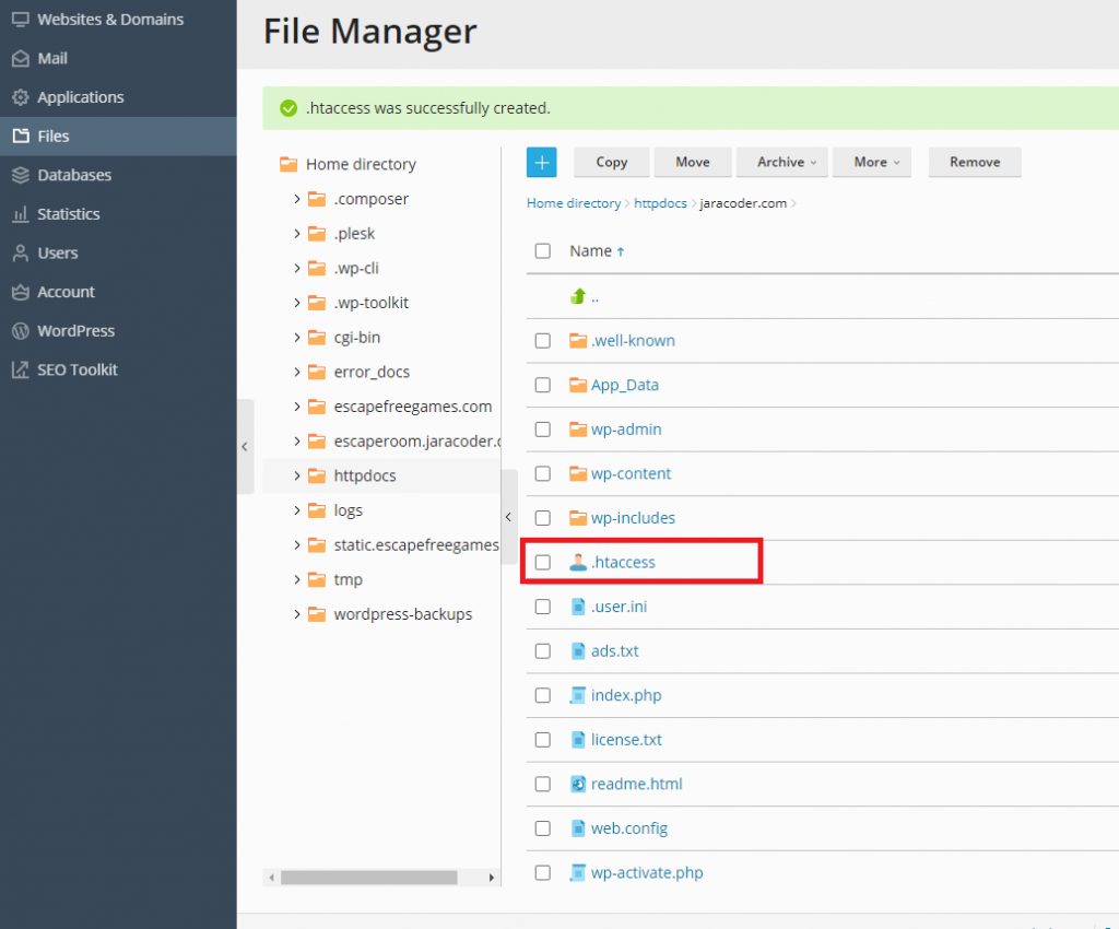 Archivo .htaccess en el gestor de archivos de plesk